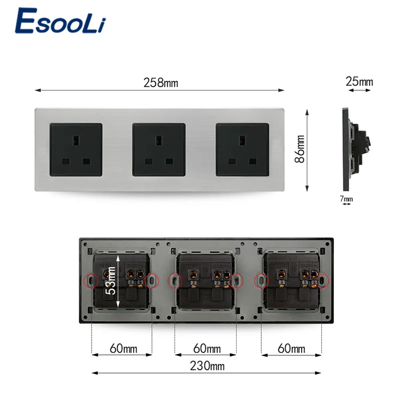 Европейская стандартная розетка Esooli из нержавеющей стали тройная настенная 16 А