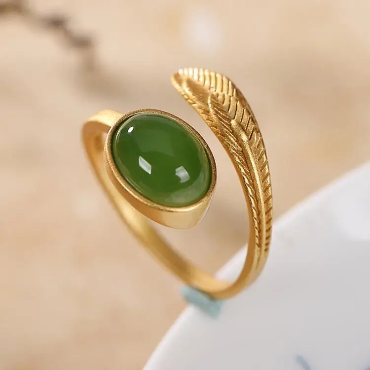 

S925 Sterling Silver Gold-Plated Natural Hetian Jade Green Jade Ring Personality Feather Ring Temperament Ring Rings Ornament fo