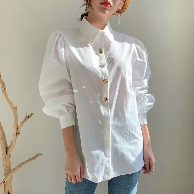 

Fresh Solid Color Loose Lantern Sleeve Shirts 2020 Autumn New Chic Exquisite Button Women Blouse Turn-down Collar Blusas