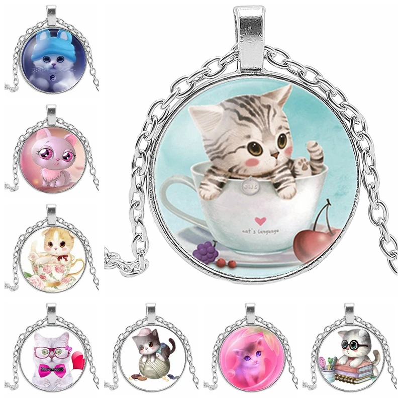 

2020 New Hot Art Charm Cute Children Cat Pendant Round Photo Glass Cabochon Necklace Gift Sweater Chain