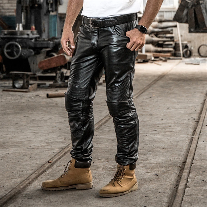 

Motorcycle Cowhide Men Trousers Brand Windproof 100% Real Genuine Leather Skinny Street Punk Black Biker Pants Free