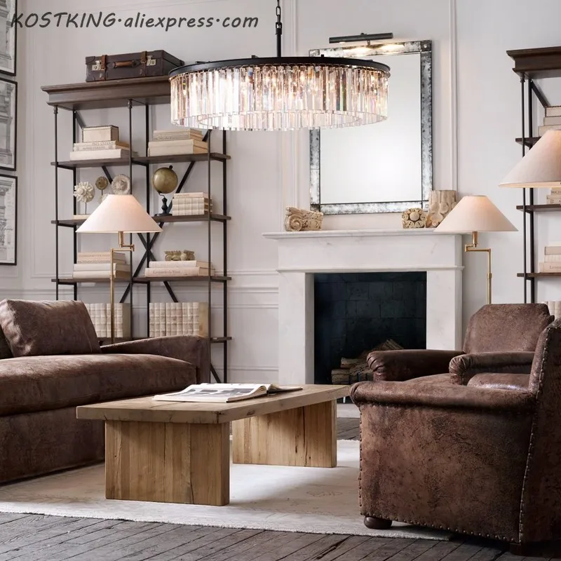 

American RH glass crystal tube ceiling hanging pendant light lamp LED round circular living sitting dinning retro ceiling lamp