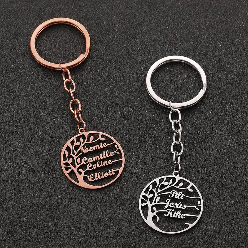 

Fashion Tree Of Life Family Tree Keychain Customized Multi-Name Round Stainless Steel Personality Keyring For Women Family Gift