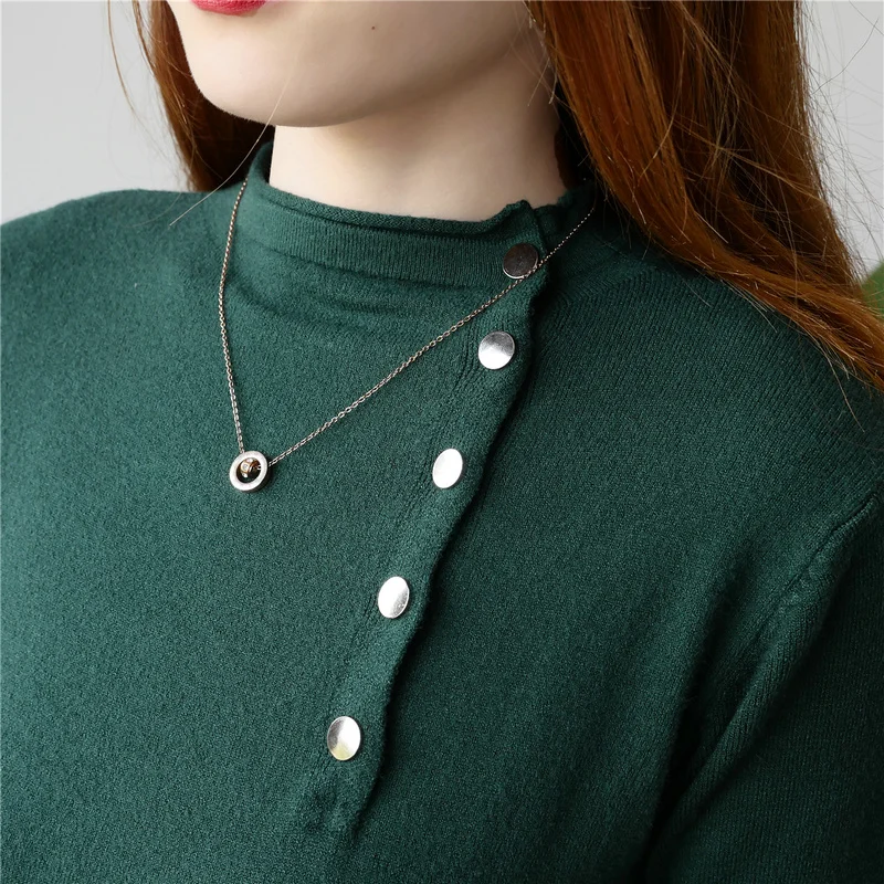 

2019 autumn and winter women's knitted sweater new fashion Slim female pullover buckle buckle soft coat solid color