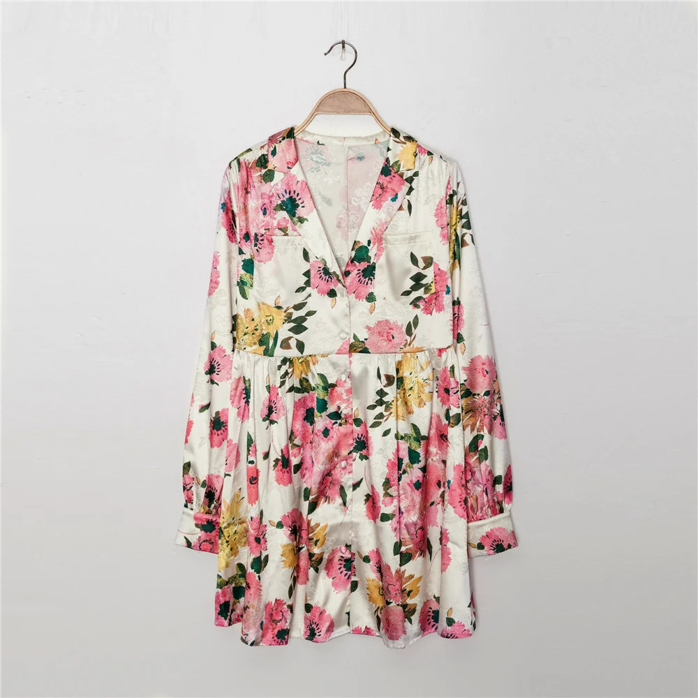 

Женское короткое однобортное платье с отложным воротником, короткое платье с цветочным принтом, весна-лето 2021