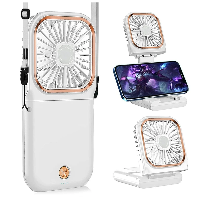 

Portable Handheld Personal Necklace Fan Foldable Mini Quiet USB Rechargeable Fan 3000mAh With Mobile Phone Bracket Function