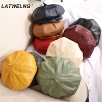 wholesale 9 colors fashion leather berets female dress up french caps yellow flat hats autumn winter painter hat dropshipping