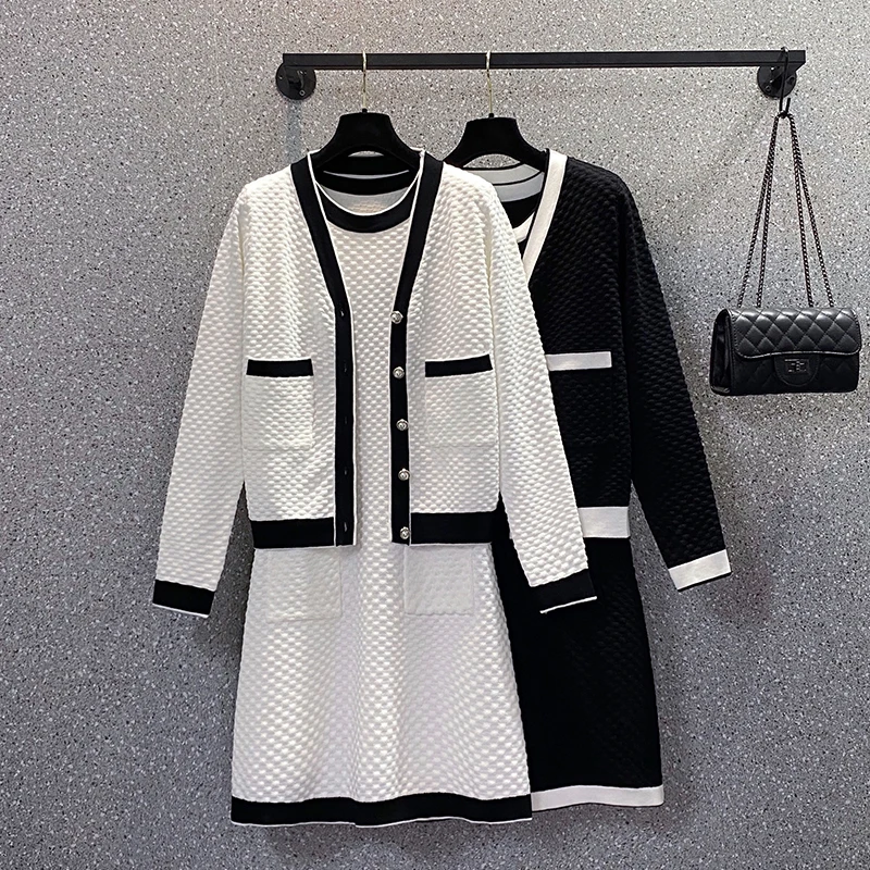 

Women Suit Knitted Sweaters and Dress Two Pieces Set 2021 Autumn Winter Plus size Casual Knitwear Cardigans Jumpers Pull Femme