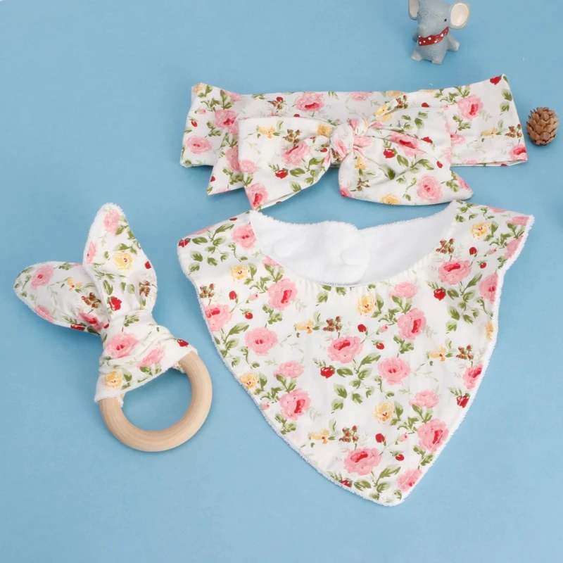 

3Pcs Baby Rabbit Ears Teether Cotton Bibs Headband Infant Saliva Towel Care Set