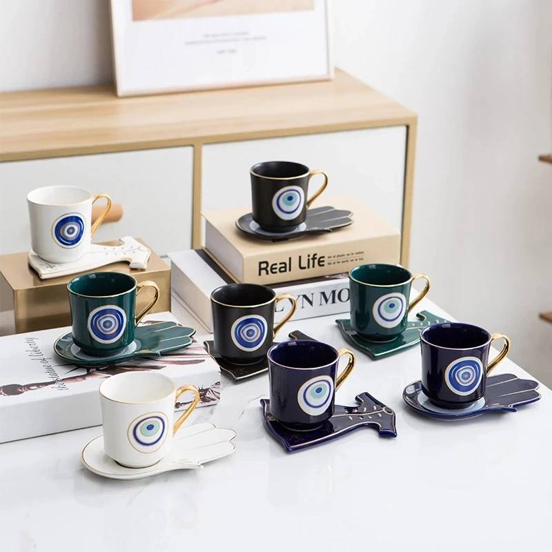 

Turkish Blue Eyes Luxury Coffee Cup Saucer Set with Hand and Clothe Shape Dish Ottoman Cup Boonido Cup 200ml Decoration Plates