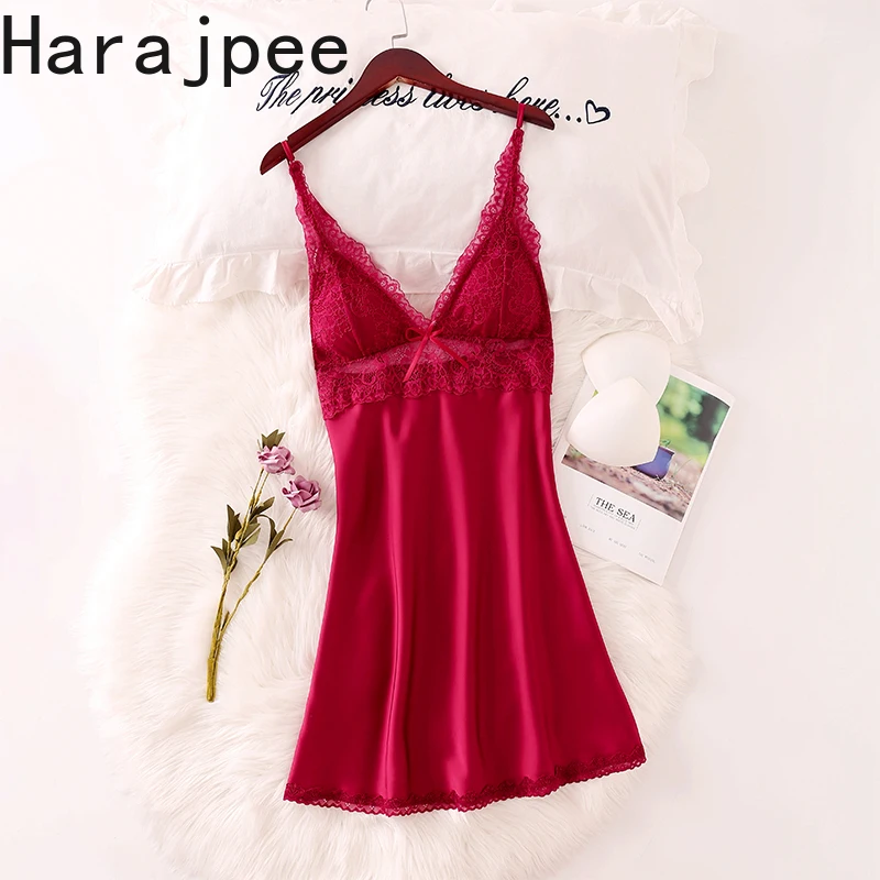 

Harajpee Women Pajama 2021 Summer French Sexy Temperament Sweet Alluring Style Lace V-Neck Solid Color Ice Silk Nightdress