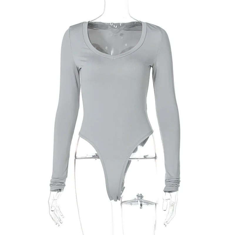 

Sexy Solid Body Suits for Women Fashion V Neck Long Sleeve Bodysuit Black Gray Brown Basic Tops Spring 2021