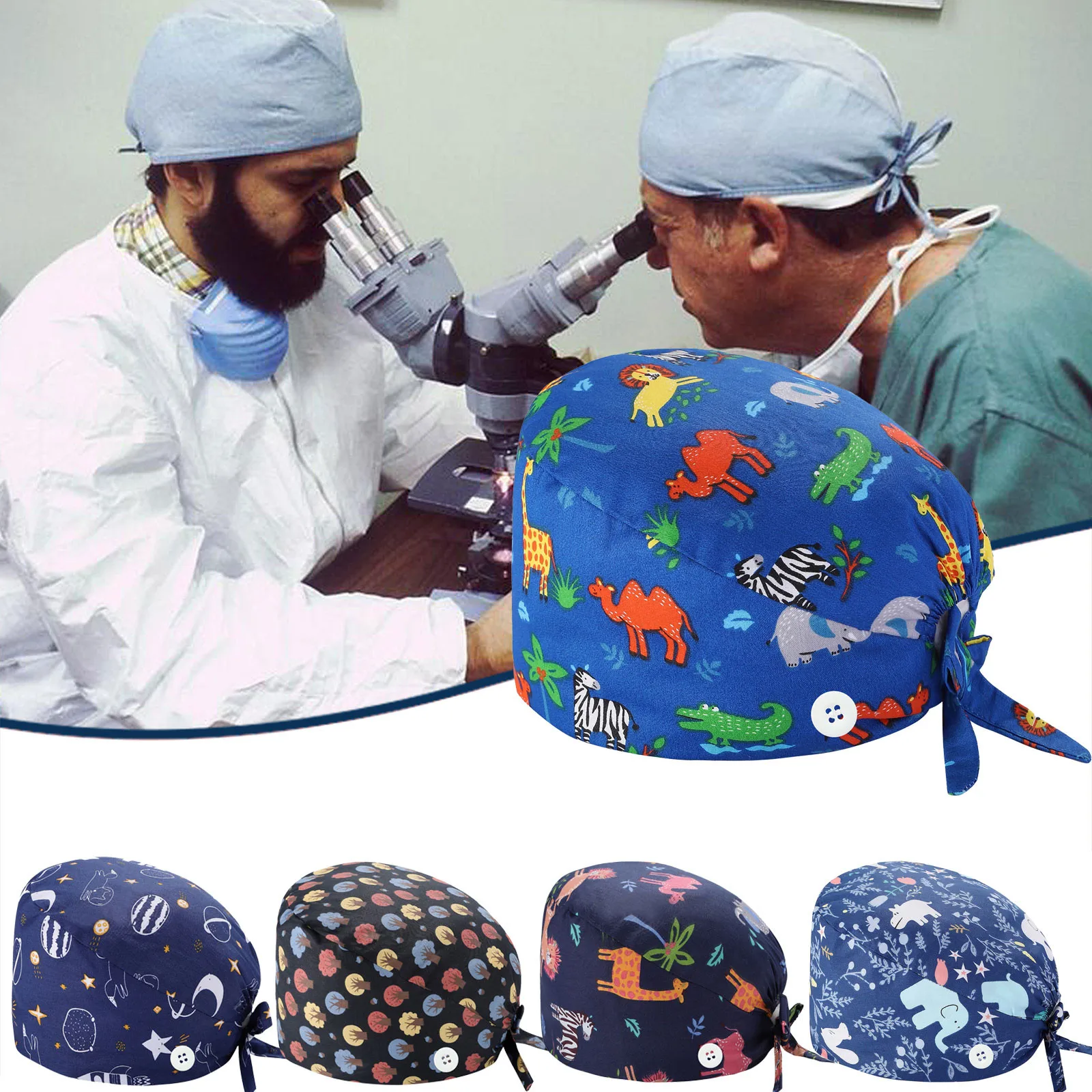 

Working Cap with Button and Sweatband Adjustable Tie Back Bouffant Hats Printed Multi Color for Woman Man enfermeria cap J50