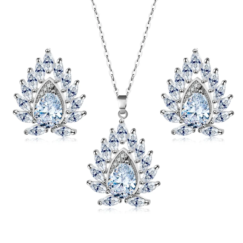 

Women Fashion Jewelry Waterdorp Crystal Filre Shape Design Pendant Necklaces Earrings Sets For Bridal Jewelry Sets Wedding Gift