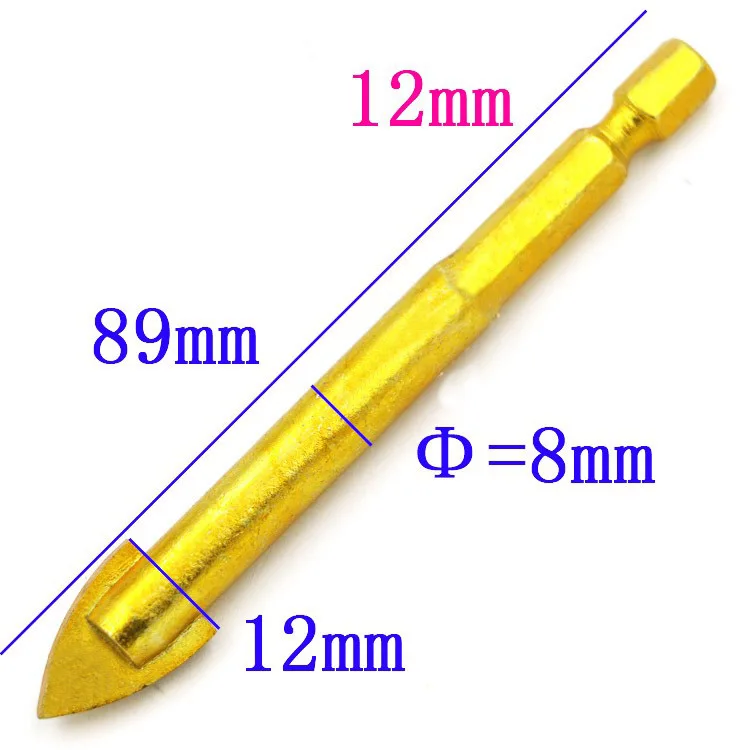 12mm 1pc Набор сверл из стекла с титановым покрытием 3 мм 4 мм 5 мм 6 мм 8 мм 10 мм 12 мм с шестигранным хвостовиком для керамической плитки мраморного зеркала и стекла - Цвет: 12mm 1pc