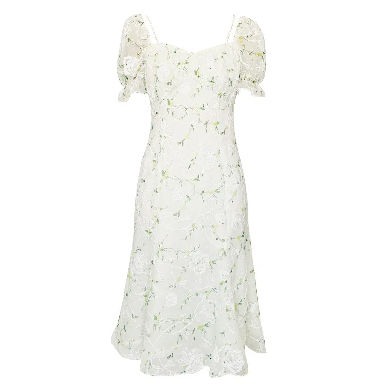 

Women Summer Dress French Style Floral Embroidered Dress Elegant Puff Sleeve Slim Dress FS99