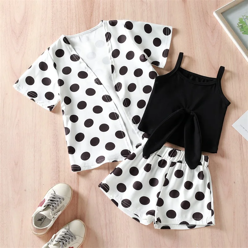 

Girls Summer Fashion Shorts Suit Dot Print Short Sleeve Cardigan Jacket Sleeveless Camisole High Waist Stretch Breeches