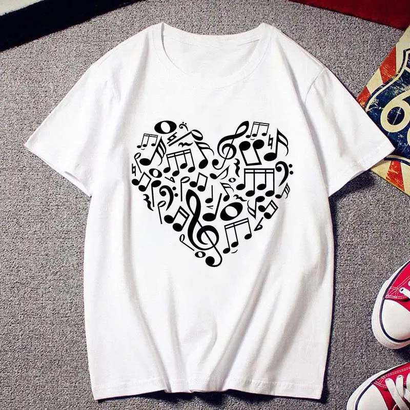 

Summer Casual New Harajuku Women's T-shirt Fashion Creative Musical Note Heart Graphic Printed T shirt Female Shortsleev Tshirt
