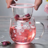 300ml japanese glass cup with tea infuser filterlid cherry blossoms flower teacup transparent heat resistant drinking glasses