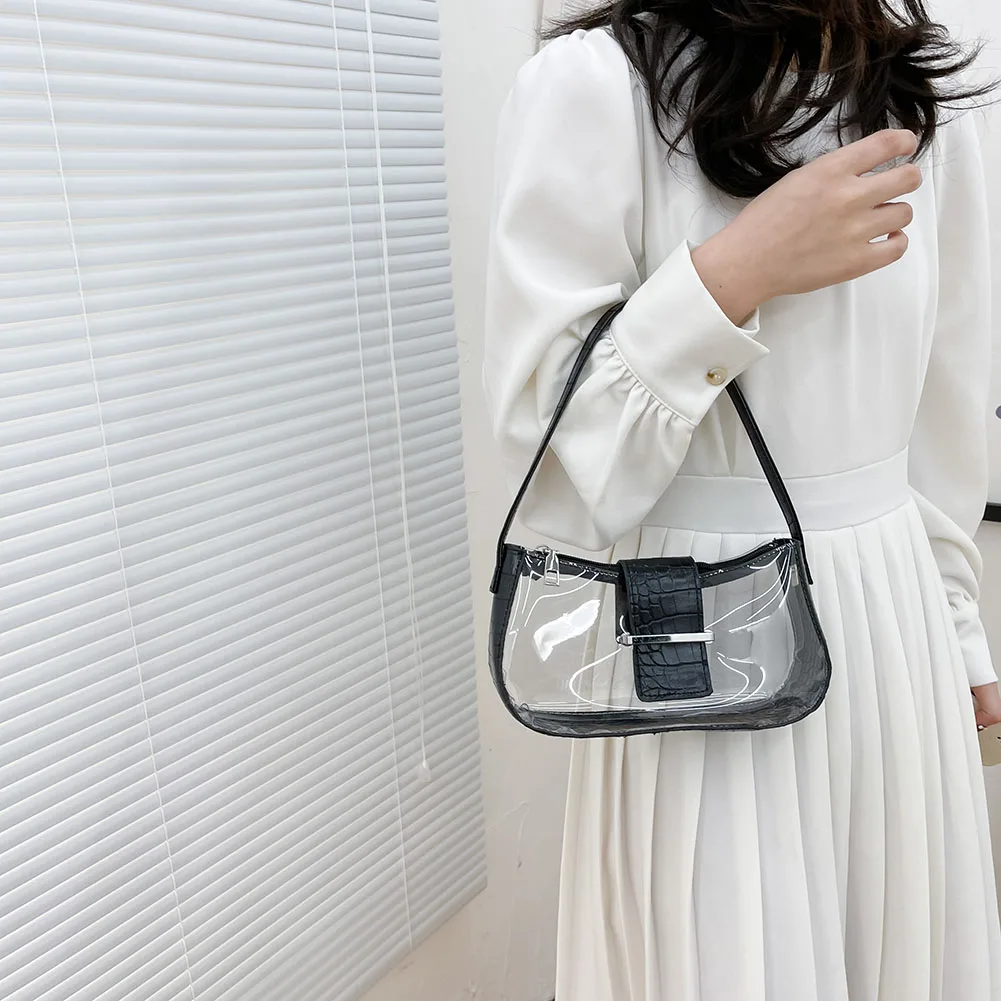 

Chic Women Shoulder Underarm Bag All-match Summer Vacation Alligator Pattern Patchwork PVC Clear Underarm Top-handle Handbag
