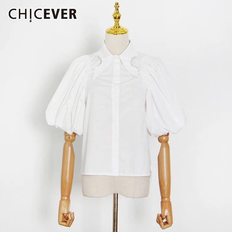 

Повседневная Минималистичная рубашка CHICEVER для женщин, блузки с отложным воротником, пышными короткими рукавами, на пуговицах, женская летн...