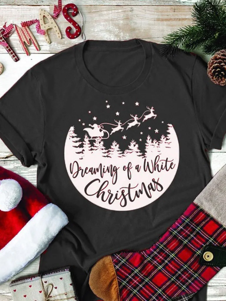 

Cute Christmas Gift for Girl Boys Dreaming of A White Christmas T Shirts Short Sleeve Women Happy Christmas T Shirt