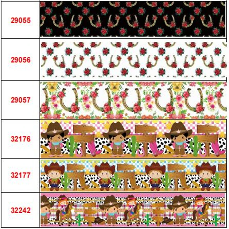 

16mm 22mm 25mm 38mm Cartoon Cowgirl &Cowboy Printed Grosgrain Ribbon Flower Ribbon Elastic Band For Handmade Bow 50Yards