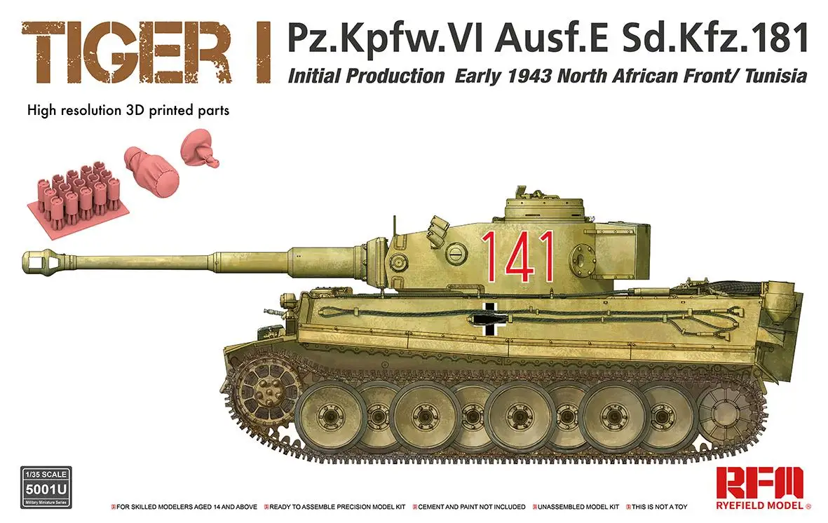 Ryefield 1/35 RM5001U Тигр I PZ.Kpfw.VI Ausf.E sd.kfz.181 Первоначальное производство раннего 1943 года Северо-Африканский фронт/Тунис