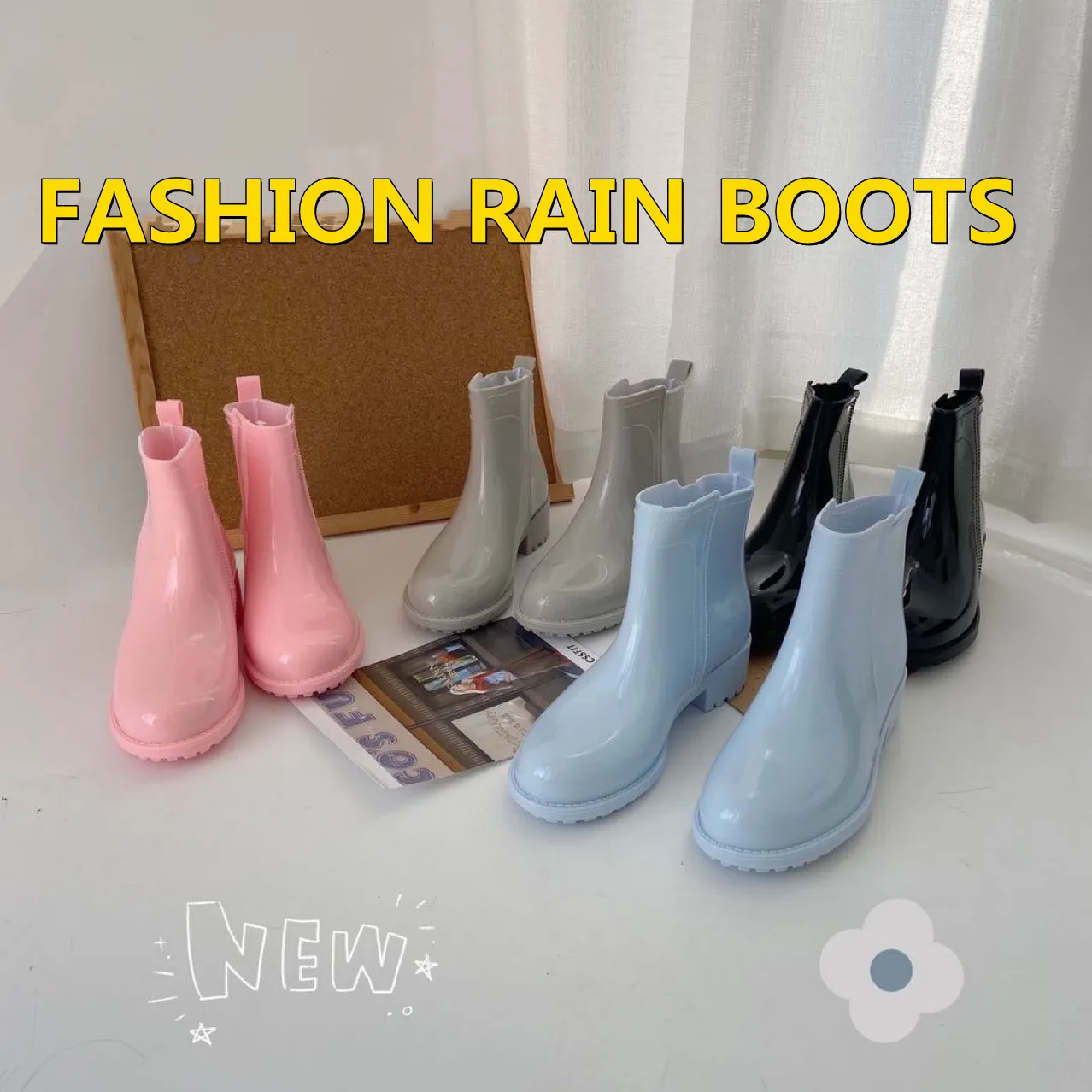Fashion Ankle Rain Boots Women Rubber Waterproof  Spring/Autumn Rainboots Ladies Non-Slip Shunt Women's Plush Warm Shoes