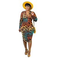 women dress sexy nightclub party leopard print plus size long sleeve zipper bodycon shirring autumn spring knee length dress