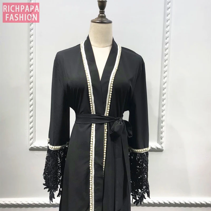 Женское длинное кружевное платье с бисером кафтан абайя Дубай мусульманское