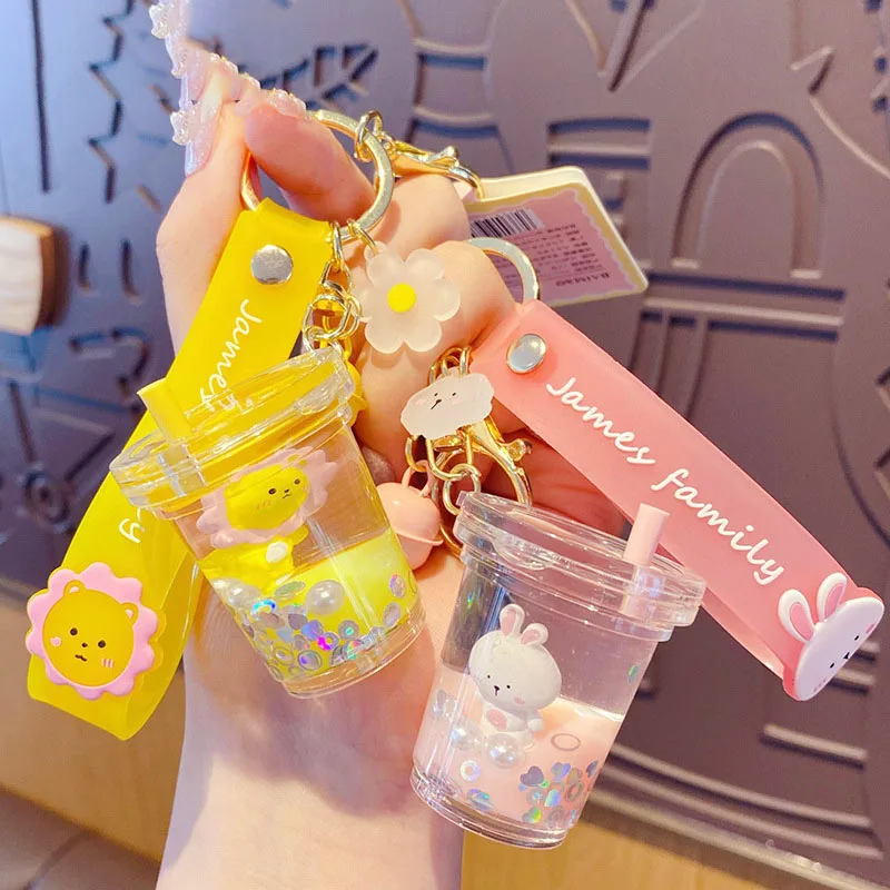 

Cartoon Quicksand Animal Rabbit Tiger Keychain Liquid Floating Bottle Keyring Backpack Car Pendant Keyfob For Women Couple Gifts