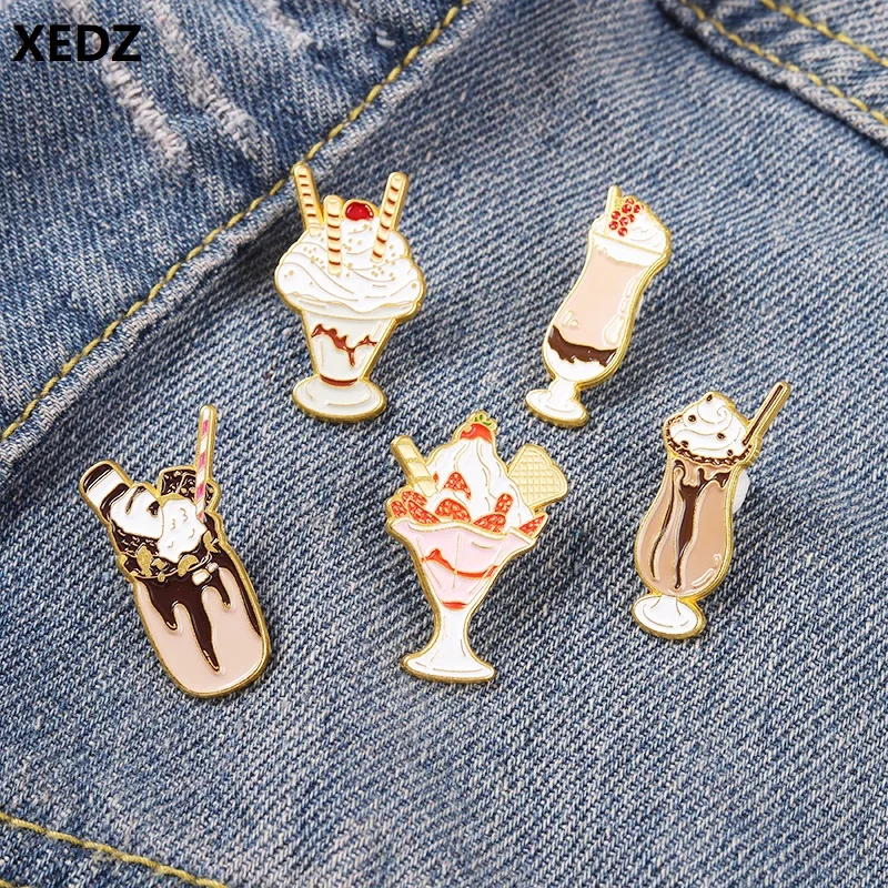 

XEDZ Pink Enamel Brooch for Women Delicious Ice Cream Cup Chocolate Cheese Fruit Sundae Badge Bag clothes Women's Pins Jewelry