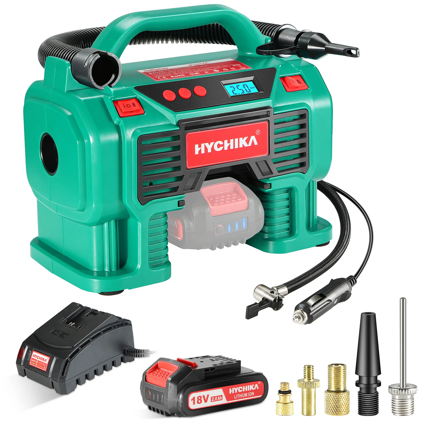 

Air Compressor Tire Inflator HYCHIKA 160PSI Portable Inflator 2.0Ah Battery Fast Charger for Tires Balls and Other Inflatables