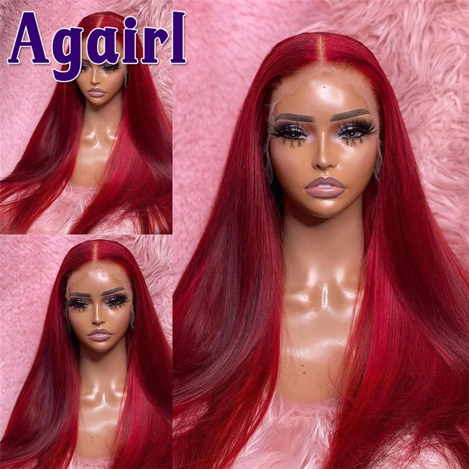 Cherry Red 99J Burgundy Straight Lace Front Human Hair Wigs 13x6 Transparent Lace Frontal Wig 30Inch 180% HD Lace Wigs PrePlucke