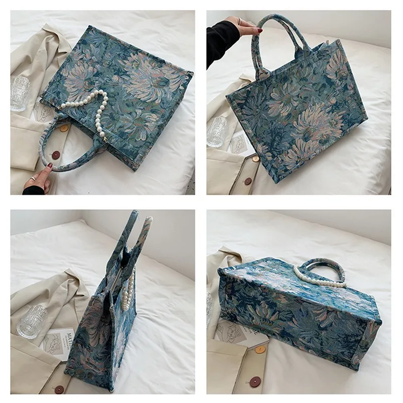 

Niche original pearl jacquard Monet garden oil painting tote bag female 2021 new wave large capacity shoulder bag handbags