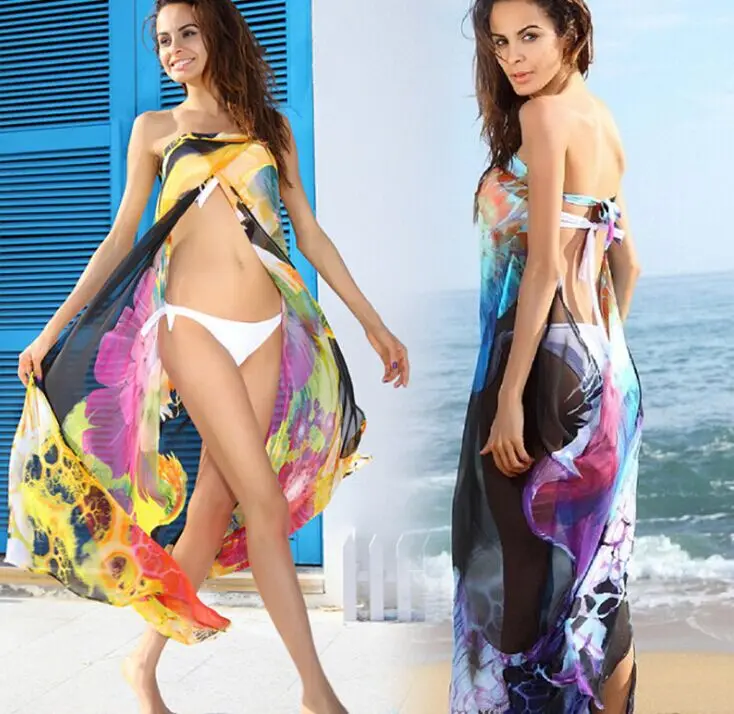 Шифоновое парео Пляжное покрытие Ups цветочный чехол купальник для женщин длинный