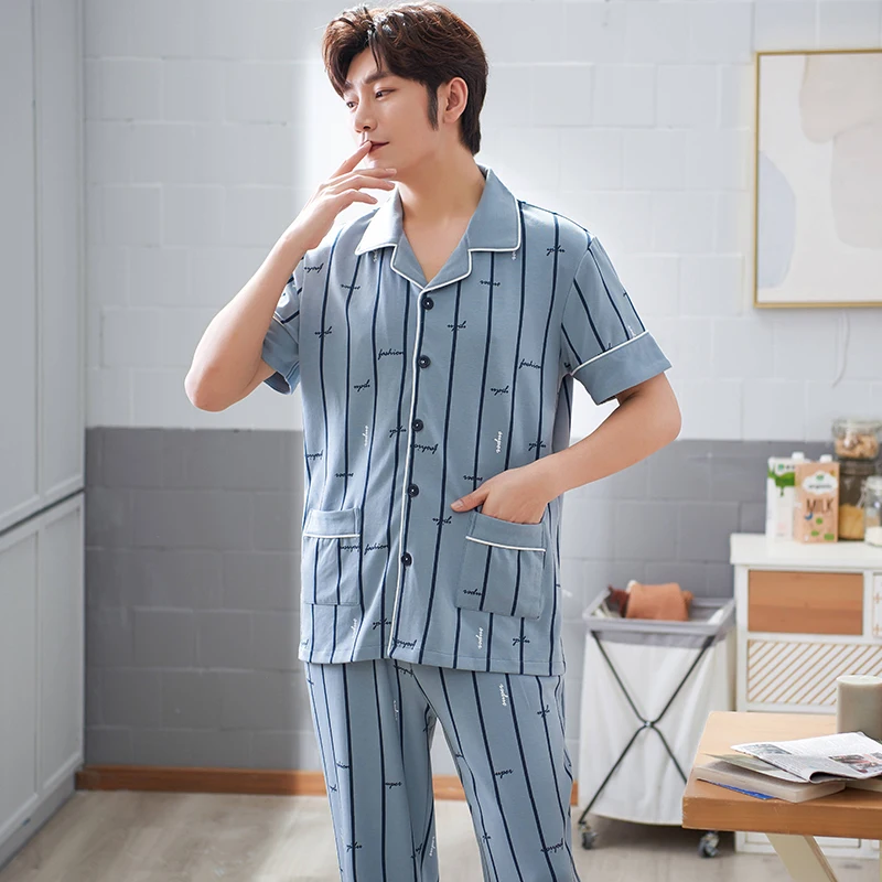 

Summer Knitted Cotton Men Sleepwear Suit Short Sleeve Turn-down Collar Cardigan Pyjama Mens Loose Plus Size 3XL Lounge Homewear