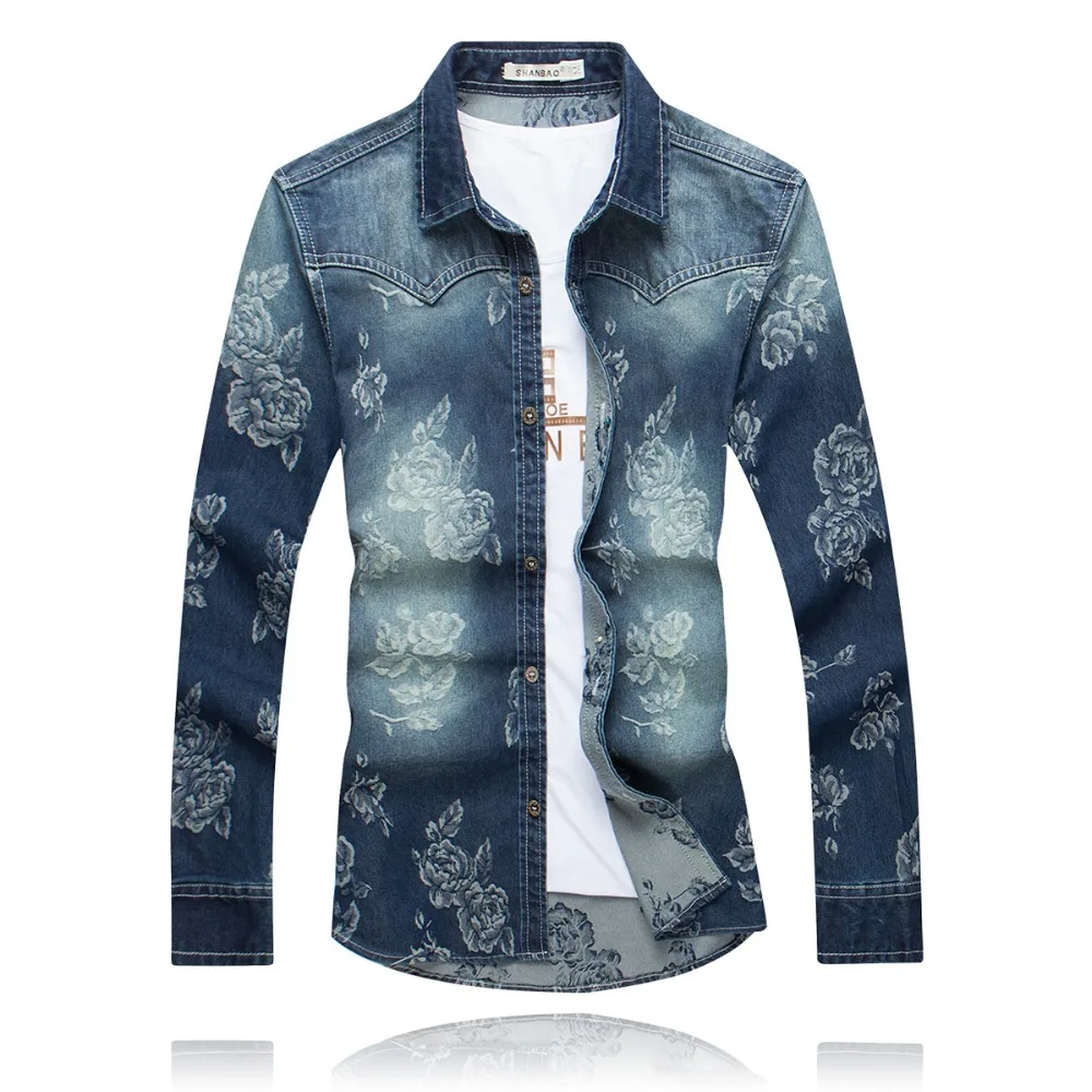 

Men Demin Shirt 2019 New Arrivals Chinese Fashion Floral Style Male Casual Shirts Drop Shipping Plus Size M- 5XL #5511