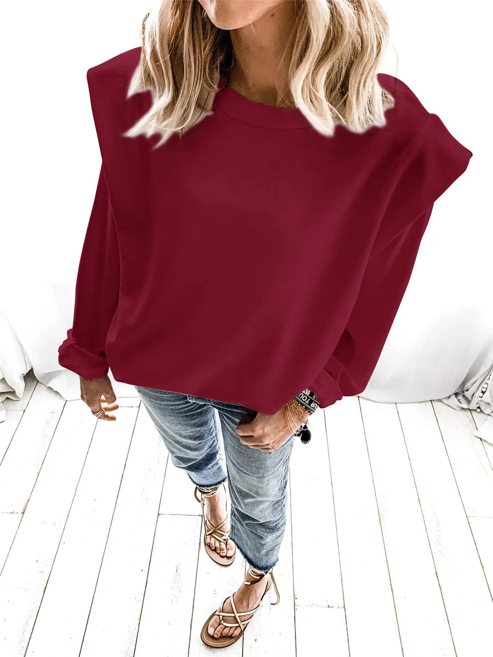 

Women's fashion autumn winter 2020 new women's long sleeve shoulder pad top women's solid color casual loose sportswear