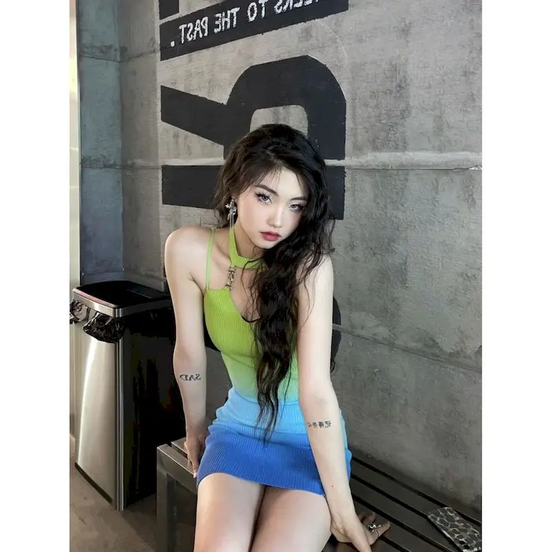 

Women Skirt Sling Sexy Splicing Backless Gradual Change Slimming Female Dress Self-cultivation Bandage Colorful Temperament Tide