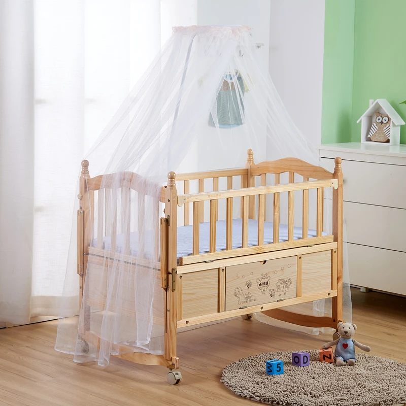Multi-Functional Pine Wood Baby Crib, Can Combine Adult Bed, BB Rocking Cradle With Mosquito Net