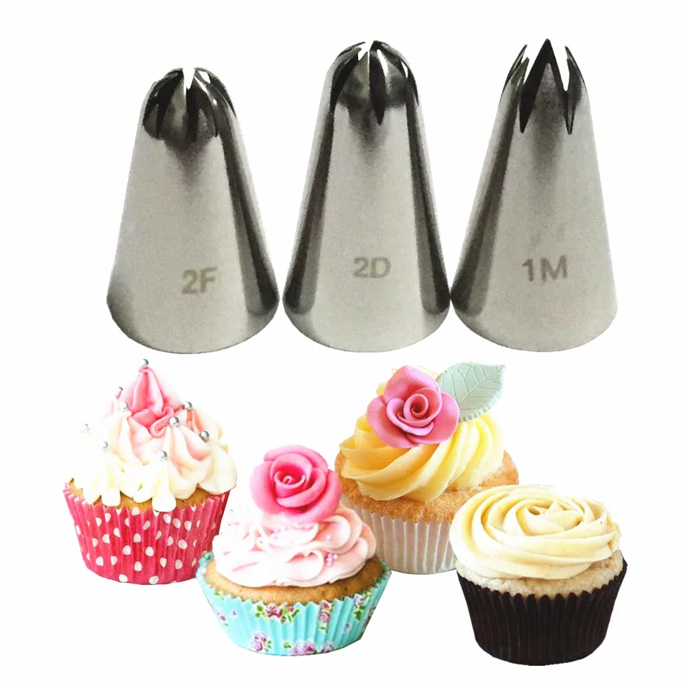 

3pcs DIY Cream Cake Icing Piping Nozzles Pastry Tips Fondant Cake Decorating Tip Stainless Steel Nozzle Baking 1M 2F 2D