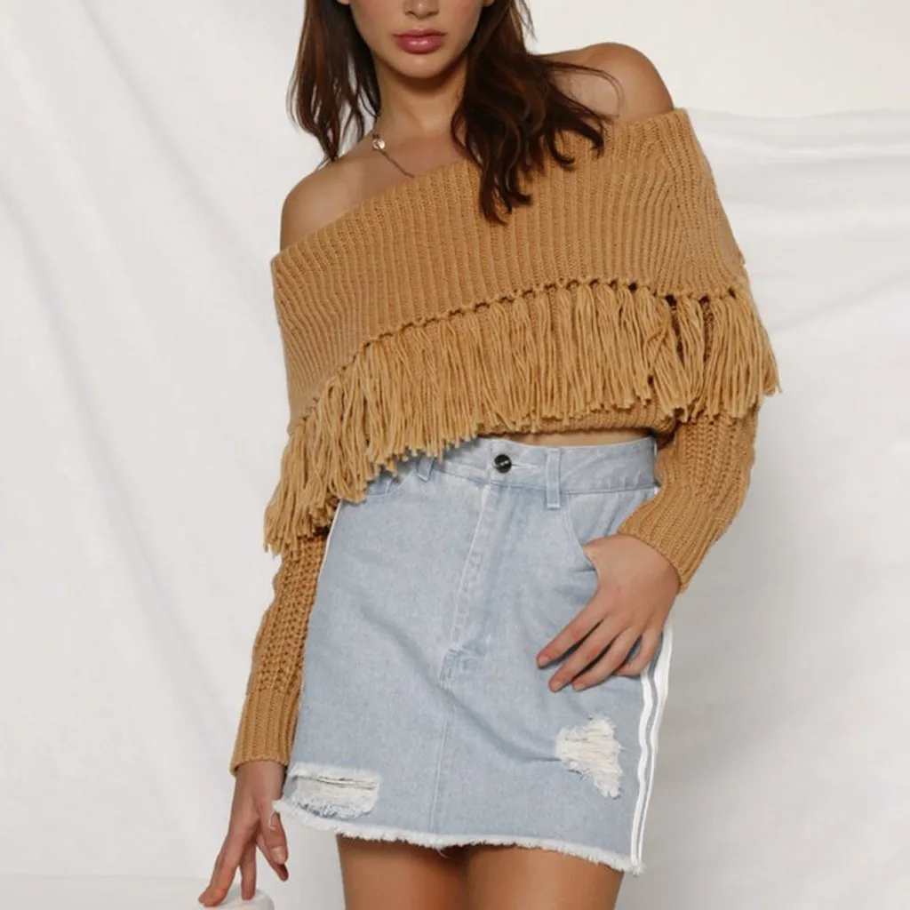 Women Sexy Solid Sweater Autumn Off Shoulder Slash neck Casual Tassel Pullover Long Sleeve Loose Sweaters Blouse Tops | Женская одежда