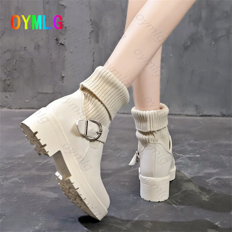 

Thick-heeled thick-soled Martin boots women's autumn/winter2021new woolen knit short boots plus velvet belt buckle women's boots