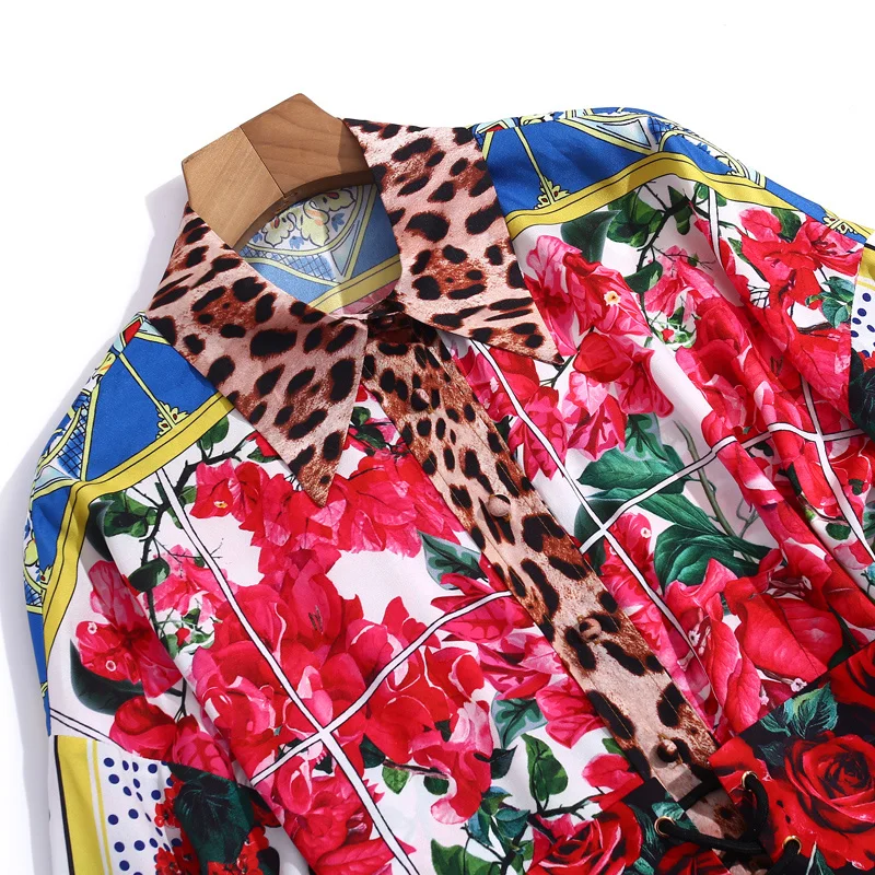 

Runway Summer New Women'S Flower Print Leopard Patchwork Vintage Belt Fashion Vacation Party Elegant Mini Loose Shirt Dress