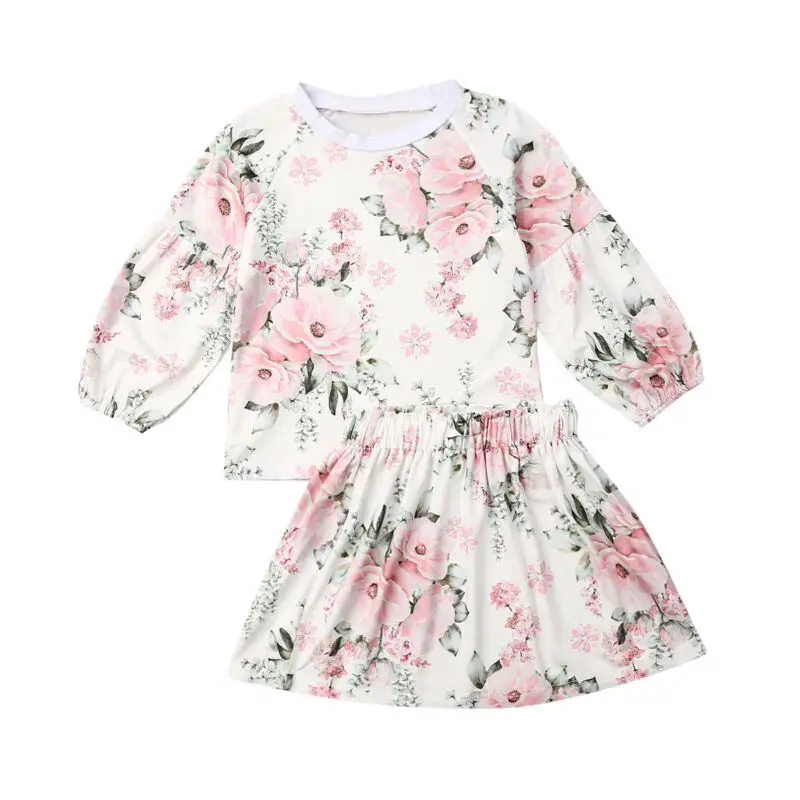 Children's 2PCS Set Baby Girls Floral Blouse Outfits Toddler Kids Clothes Long Sleeve T-shirt Tops + White Elastic Short Skirts | Детская