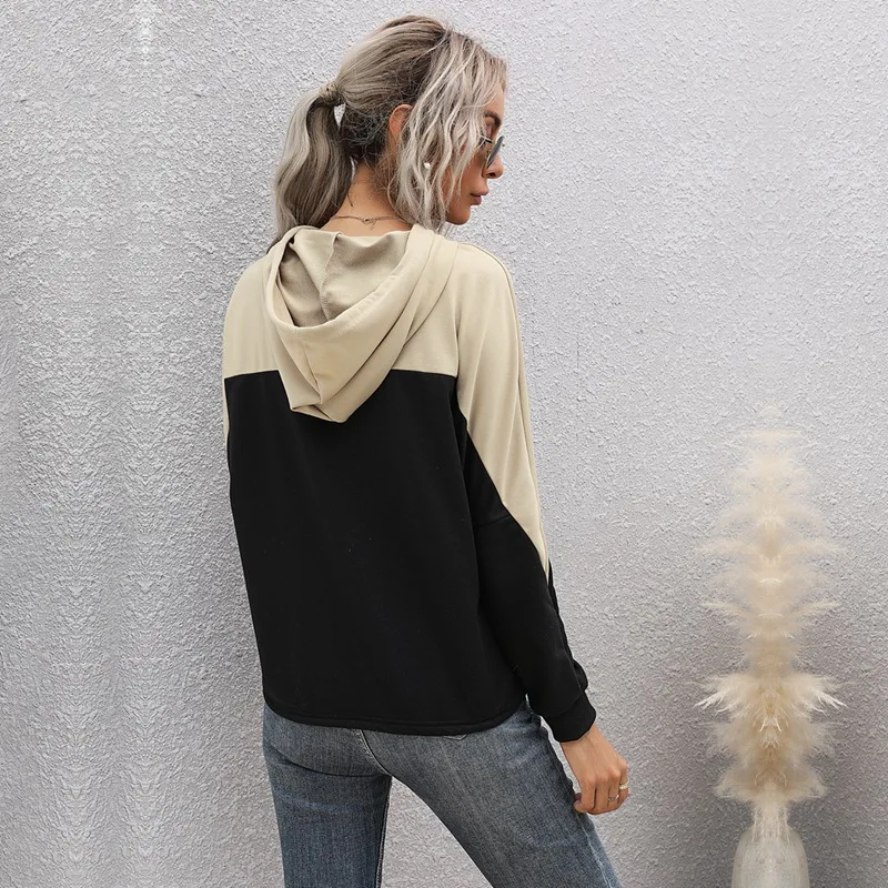 

Casual Hooded Drawstring Color Block Minimalist Pullovers Sweatshirt Autumn Women Sweatshirts