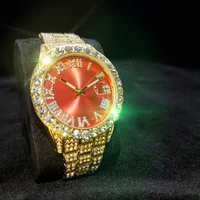 missfox roman numerals mens watches red dial big diamnd bezel man gold watch stainless steel fashion luxury mens quartz watch