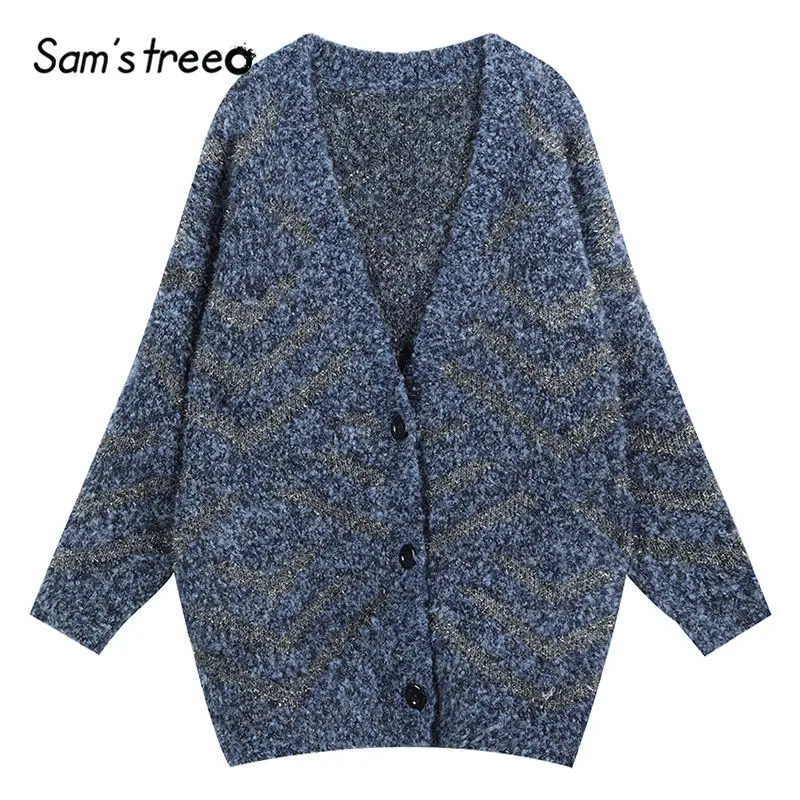SAM'S TREE синий лоскутный Золотой Шелковый женский свитер кардиган зима широкий рукав трикотажные повседневные женские свитера